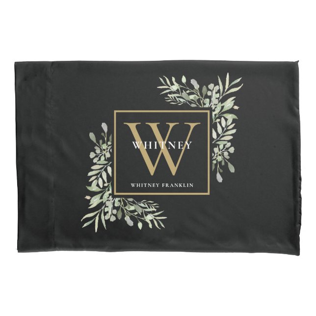 Black Gold Monogram Elegant Moderne Grüne Kissenbezug (Vorderseite)