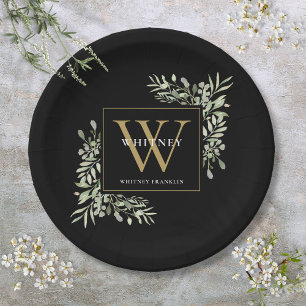 Black Gold Monogram Elegant Moderne Grüne Pappteller