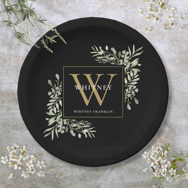 Black Gold Monogram Elegant Moderne Grüne Pappteller (Black Gold Monogram Elegant Modern Greenery Paper Plates)