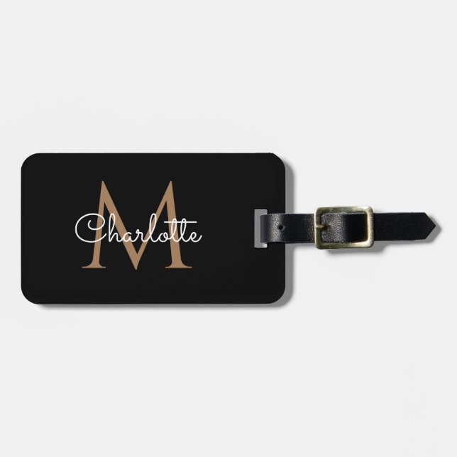 Black Gold Monogram Elegante Girly Script Gepäckanhänger (Vorderseite horizontal)