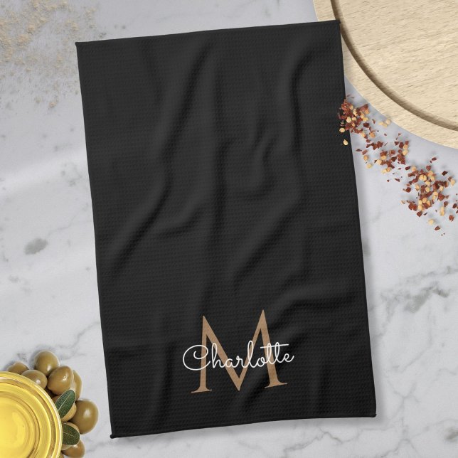 Black Gold Monogram Elegante Girly Script Geschirrtuch (Black Gold Monogram Elegant Girly Script Kitchen Towel)