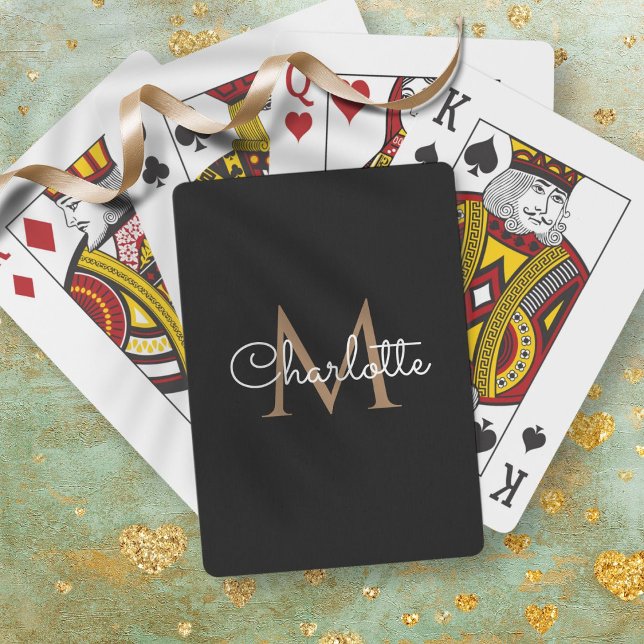 Black Gold Monogram Elegante Girly Script Spielkarten (Black Gold Monogram Elegant Girly Script Playing Cards)