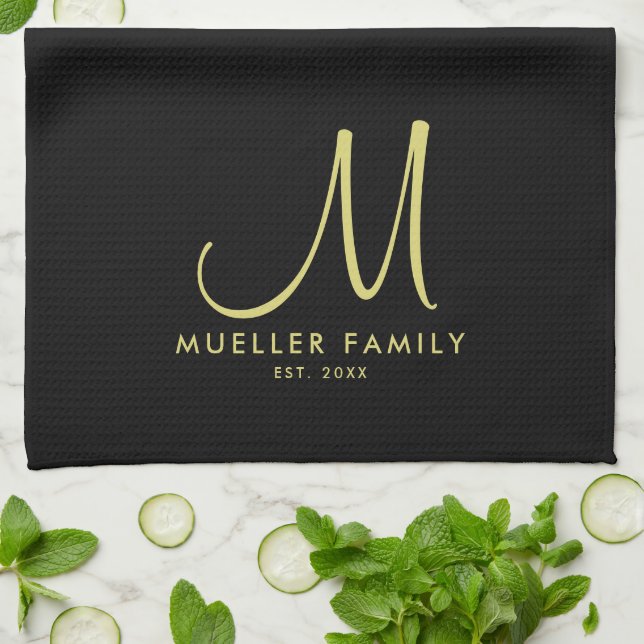 Black Gold Monogram Family Name Moderne Elegant Geschirrtuch (Gefaltet)