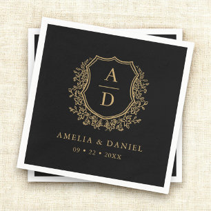 Black Gold Monogram Floral Wappen Wedding Serviette