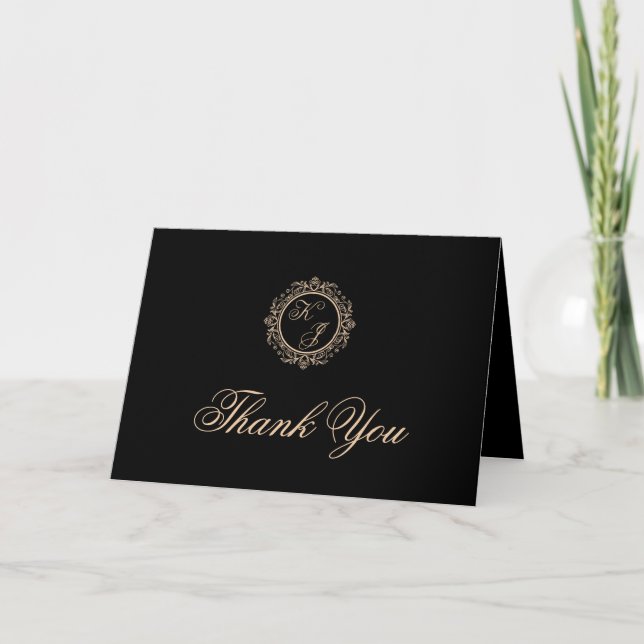Black Gold Monogram Foto Wedding Dankeschön Card Dankeskarte (Vorderseite)