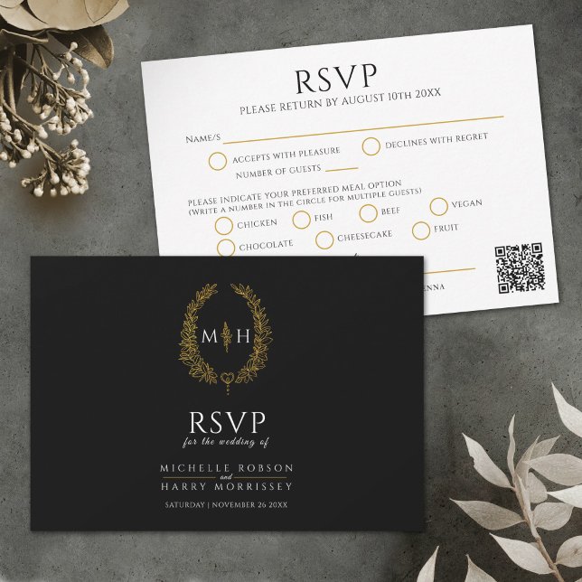Black gold monogram meal option wedding QR code RSVP Karte (Von Creator hochgeladen)