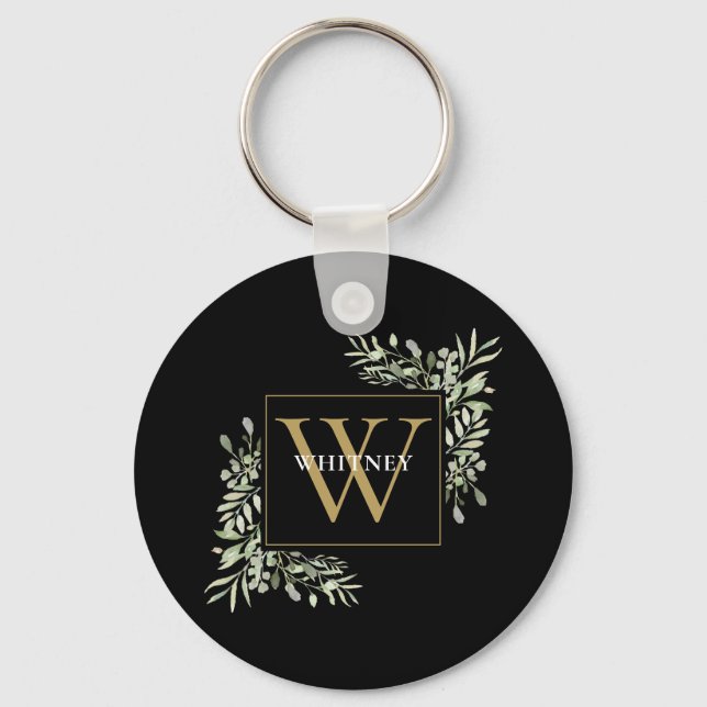 Black Gold Monogram Modern Greenery Personalisiert Schlüsselanhänger (Vorderseite)