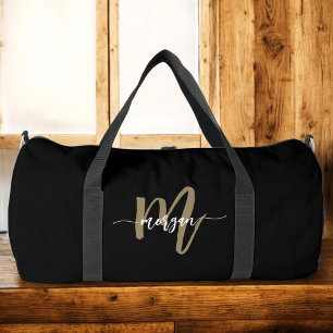 Black Gold Monogram Name Script Sport Duffle Bag