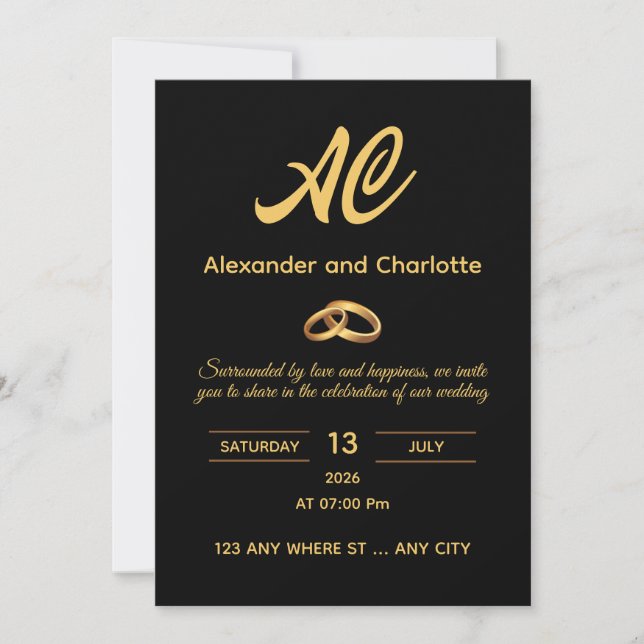 Black Gold Monogram Wedding Invitation Einladung (Vorderseite)