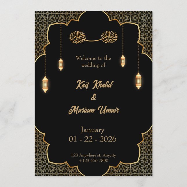 Black & Gold Muslim wedding invitation Editable Einladung (Vorderseite)