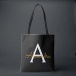 Black Gold Name White Girly Script Monogram Modern<br><div class="desc">Schwarz und Gold Elegant Fügen Sie Ihren eigenen Namen Monogram Book Bag. Diese Büchertasche kann auf Ihren Vor- und Vornamen angepasst werden und als Geschenk für Weihnachten,  Geburtstag,  Brautparty oder Hochzeit.</div>