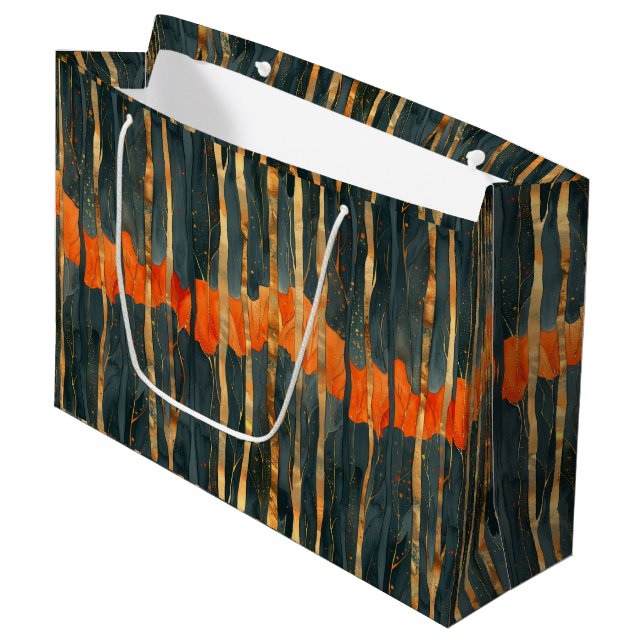 Black gold orange Art Nouveau stripes Große Geschenktüte (Vorderseite Schrägansicht)