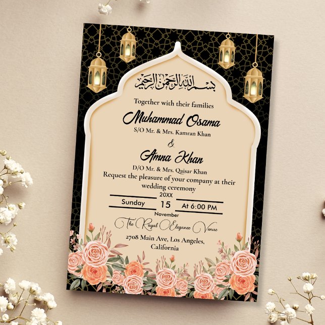 Black Gold Peach floral Muslim Arabische Hochzeit Einladung (Von Creator hochgeladen)
