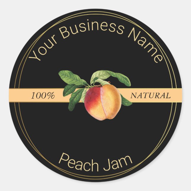 Black & Gold Peach Jam Product Label Runder Aufkleber (Vorderseite)