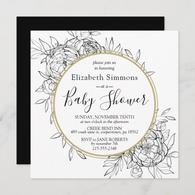 Black & Gold Peony Moderne Blumentoilendusche Einladung (Vorne/Hinten)