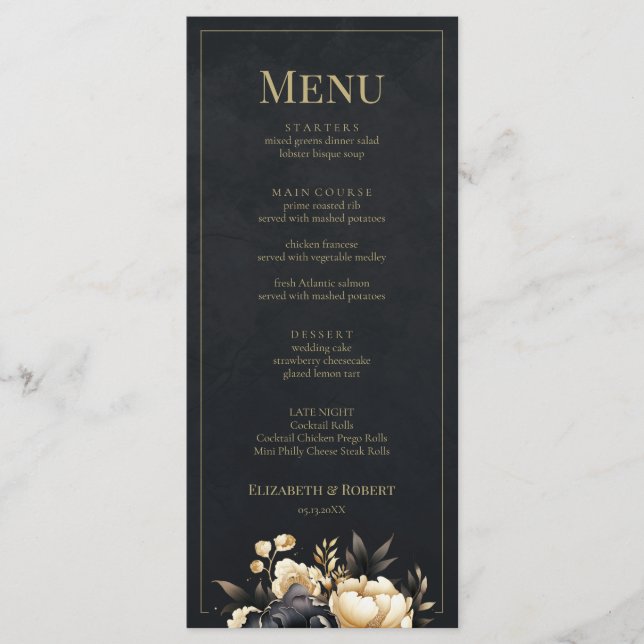 Black & Gold Peony Wedding Menu Card Menükarte (Vorderseite)