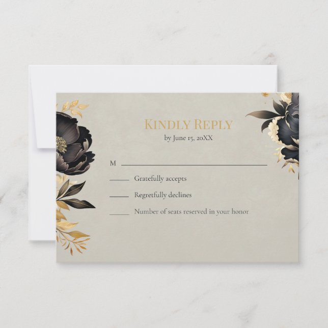 Black & Gold Peony Wedding RSVP Card Karte (Vorderseite)
