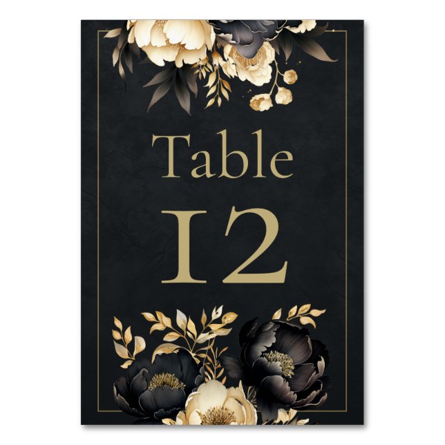 Black & Gold Peony Wedding Table Number Tischnummer (Vorderseite)