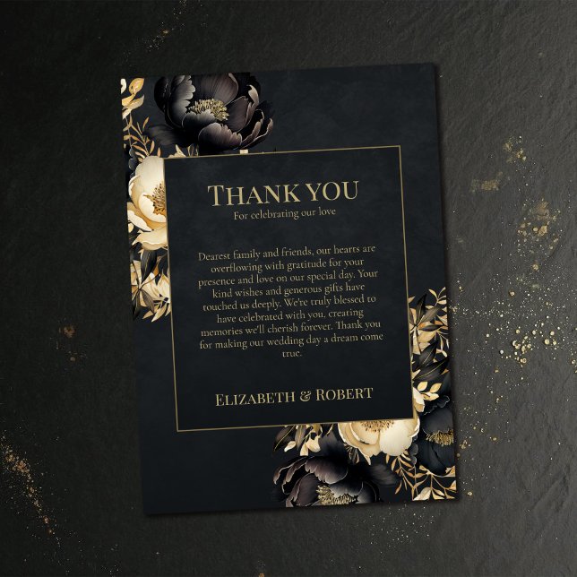 Black & Gold Peony Wedding Thank You Card Dankeskarte (Black & Gold Peony Wedding Thank You Card on a dark vintage wedding table.)