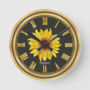 Black Gold Personalisiert Schöne Sonnenblume Runde Wanduhr