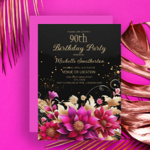 Black Gold Pink Floral 90. Geburtstagsparty Einladung