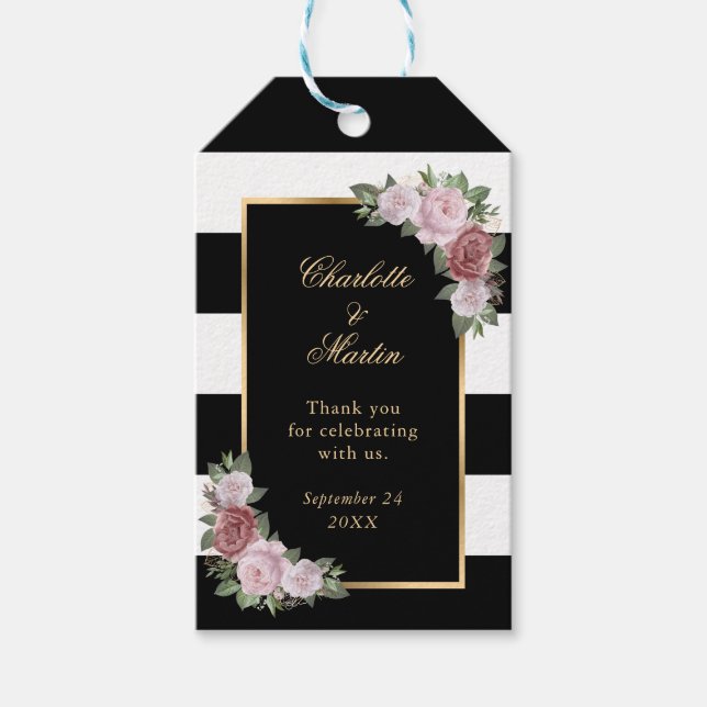 Black Gold Pink Floral Hochzeit Danke für Ihre Unt Geschenkanhänger (Vorderseite)