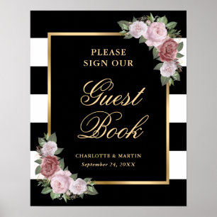 Black Gold Pink Floral Wedding Guest Book Sign Poster