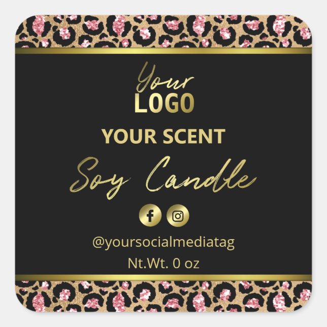 Black Gold Pink Leopard Print Soy Candle Labels Quadratischer Aufkleber (Vorderseite)