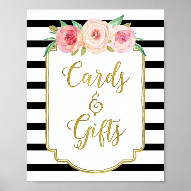 Black Gold Pink Watercolor Blumenkarten Schild (Vorne)