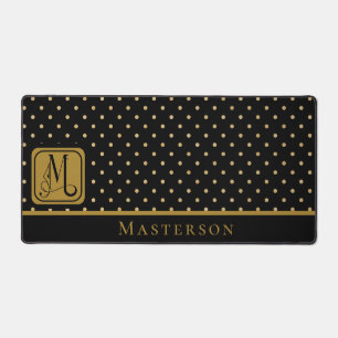 Black & Gold Polka Dot Monogramm mit Nachname Schreibtischunterlage