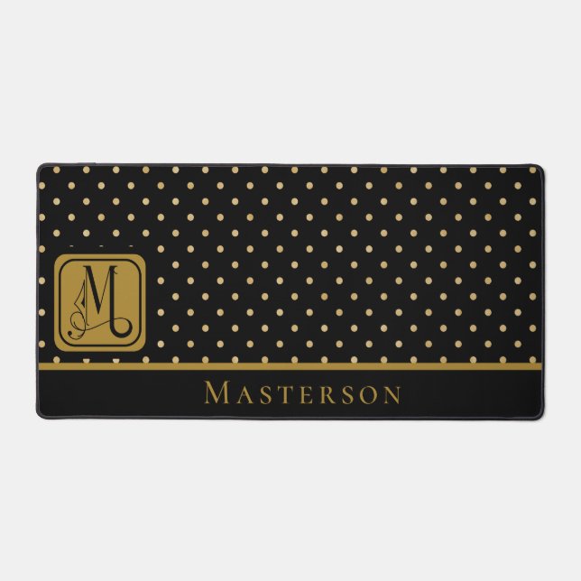 Black & Gold Polka Dot Monogramm mit Nachname Schreibtischunterlage (Vorderseite)