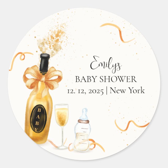 Black Gold Poppin Flaschen Champagne Baby Dusche Runder Aufkleber (Vorderseite)