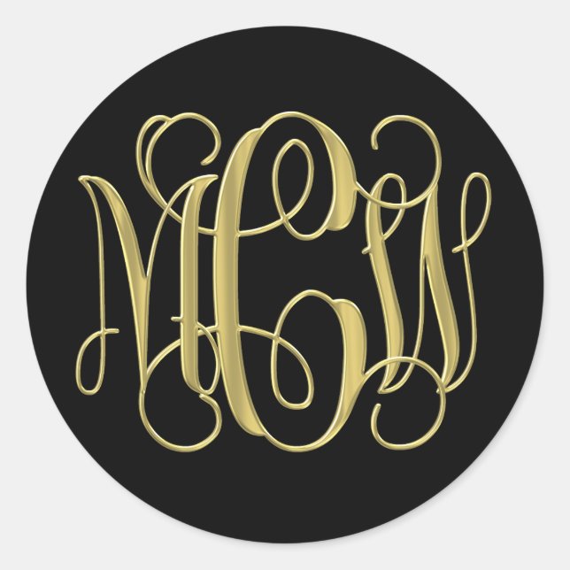 Black Gold Preppy Vine Script Monogram DIY BG Runder Aufkleber (Vorderseite)