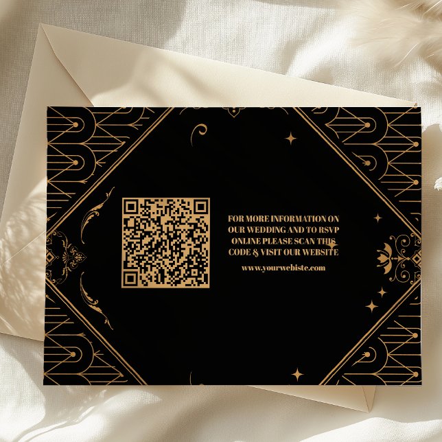 Black Gold QR Code Geometric Art Deco Hochzeit Begleitkarte (Von Creator hochgeladen)