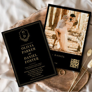 Black Gold QR Code Wappen Foto Hochzeit Einladung