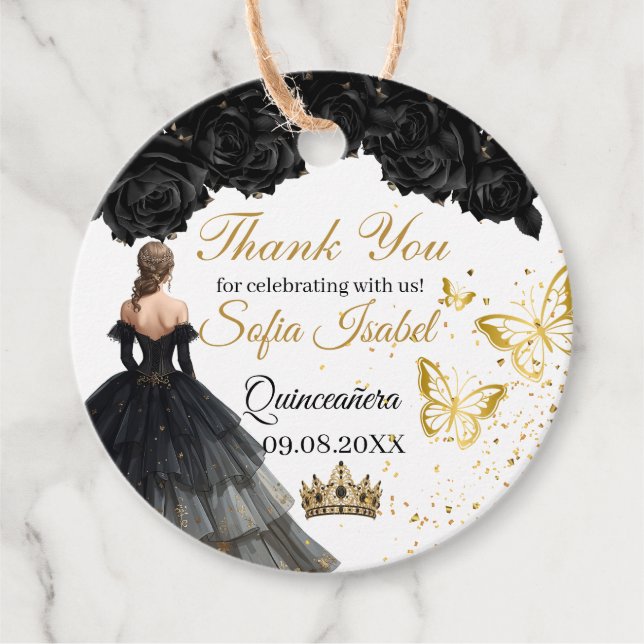 Black Gold Quinceañera Custom Favor Tag Geschenkanhänger (Vorderseite)
