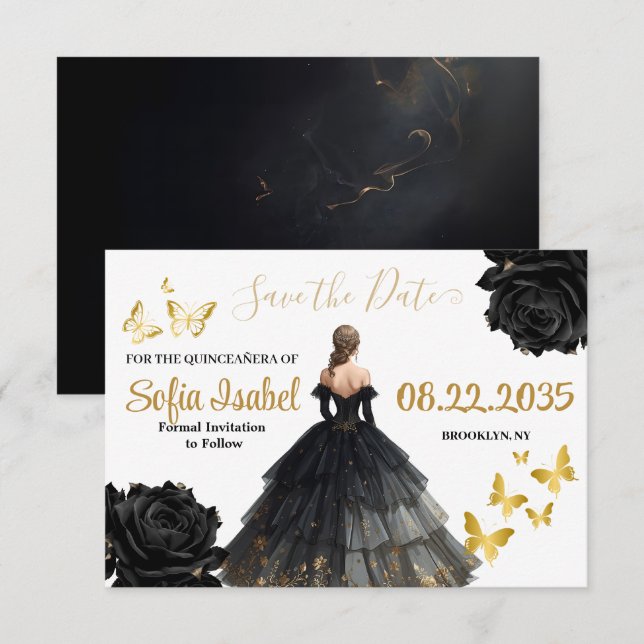 Black & Gold Quinceañera Save the Date Card (Vorne/Hinten)
