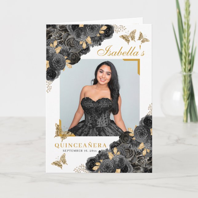 Black & Gold Quinceanera Tiara Butterflies Program Programm (Vorderseite)