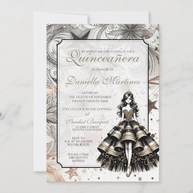 Black & Gold Quinceñera Girl Einladung (Vorderseite)