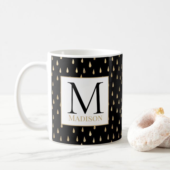 Black Gold Raindrop Modernes Trendy Monogram Kaffeetasse (Mit Donut)