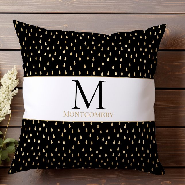 Black Gold Raindrop Modernes Trendy Monogram Kissen (Von Creator hochgeladen)