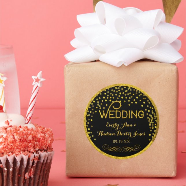 Black & Gold Random Dot Moderne Hochzeit Runder Aufkleber (Party)