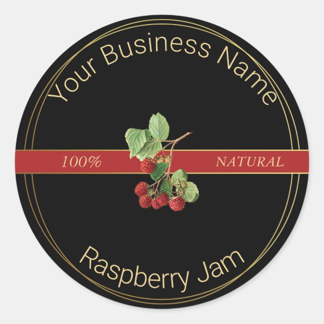 Black & Gold Raspberry Jam Product Label Runder Aufkleber (Vorderseite)