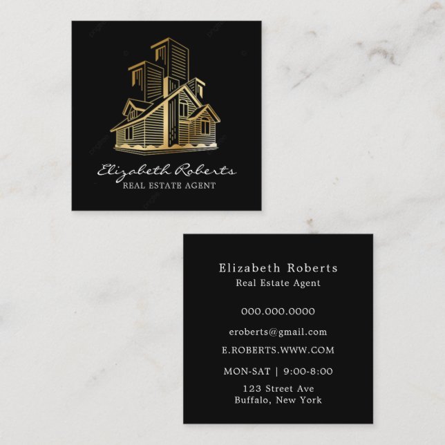 Black Gold Real Anwesen Agent Square Business Card Quadratische Visitenkarte (Vorne/Hinten)