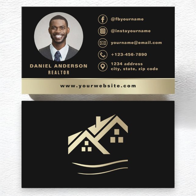 Black Gold Real Anwesen Realtor Foto Logo Modern Visitenkarte (Von Creator hochgeladen)