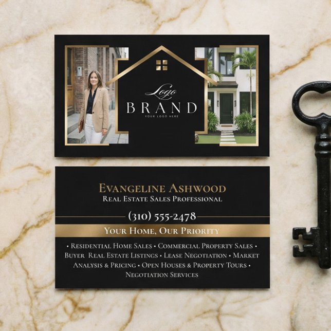 Black Gold Real Estate Agent Photo Custom Logo Visitenkarte (Black Gold Real Estate Agent Photo Custom Logo Business Card)