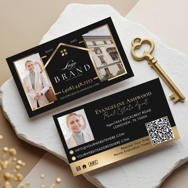 Black Gold Real Estate Agent Photo Logo QR Code Visitenkarte (Black Gold Real Estate Agent Photo Logo QR Code Business Card)