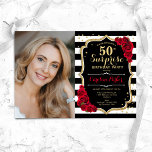Black Gold Red Foto Überraschung 50. Geburtstag Einladung<br><div class="desc">Elegante Blumenüberraschung 50. Geburtstagseinladung mit Ihrem Foto. Glam Schwarz-weiß rotes Design mit Imitaten Glitzer Gold. Enthält schwarz-weiße Streifen,  rote Rosen,  Skript-Schriftart und Konfetti. Ideal für ein stilvolles Erwachsenenüberraschungs-Party. Personalisieren Sie Ihre persönlichen Daten. Kann für jedes Alter angepasst werden! Gedruckte Zazzle Einladungen oder Sofortdownload digitalen druckbaren Vorlage.</div>