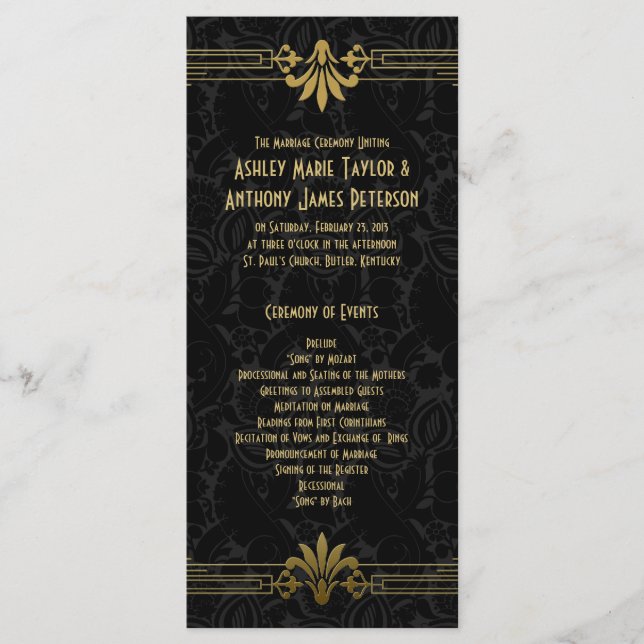 Black Gold Roaring 20er Jahre Art Deco Hochzeitspr Programm (Vorderseite)
