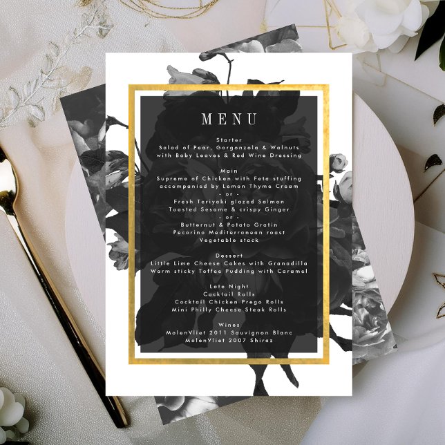 Black Gold Rose Bouquet Wedding Menu Menükarte (Von Creator hochgeladen)